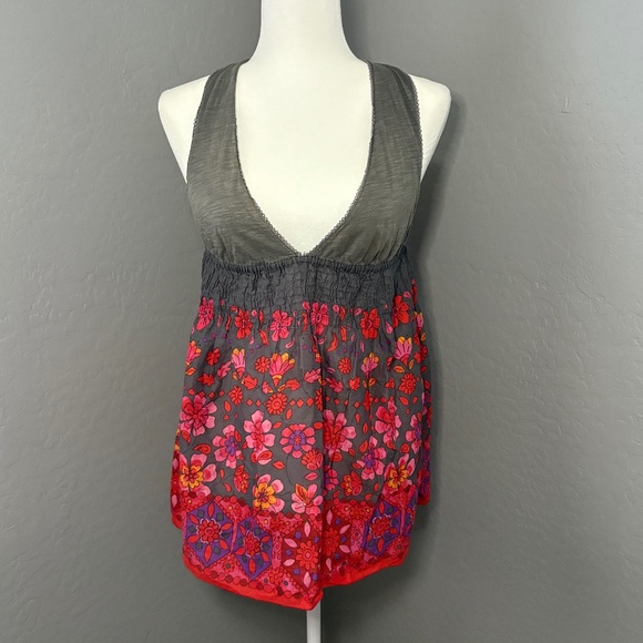 Free People Baby Doll Empire Waist Gray Pink Floral‎ Size 6 - Picture 1 of 6